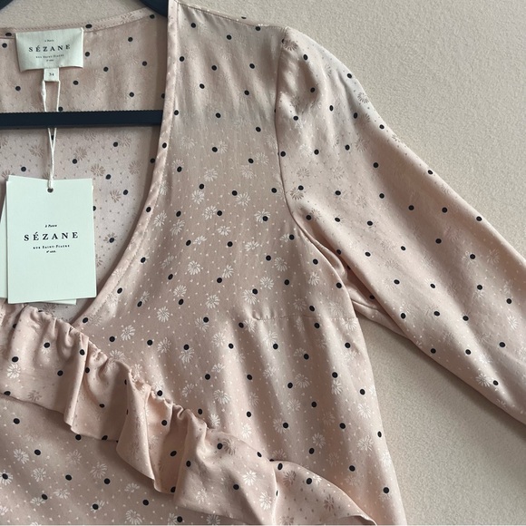 Sezane NEW Quitterie Silk 3/4 Sleeves Blouse in Nude Black Polka Dots in 33/2US - Picture 5 of 16